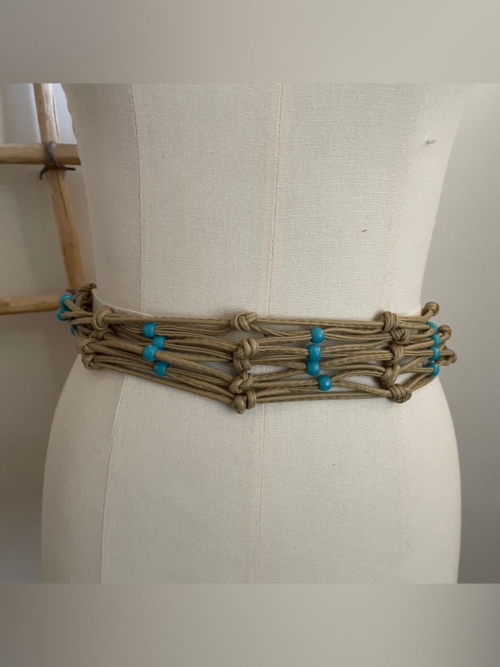 Vintage leather tie belt Handmade Natural Rope Waist Belt wTurquoise color Beads